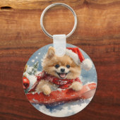 Pommerse Hond in Sledge Laat het Sneeuw Kerstmis Sleutelhanger (Voorkant)