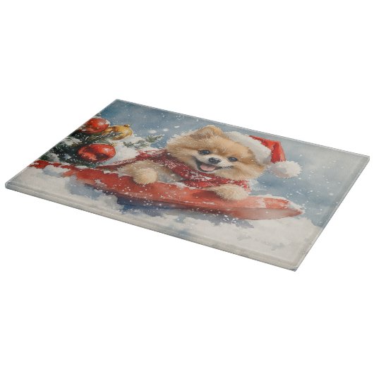 Pommerse Hond in Sledge Laat het Sneeuw Kerstmis Snijplank (Hoek)