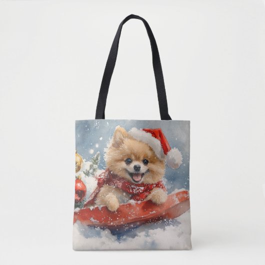 Pommerse Hond in Sledge Laat het Sneeuw Kerstmis Tote Bag (Voorkant)