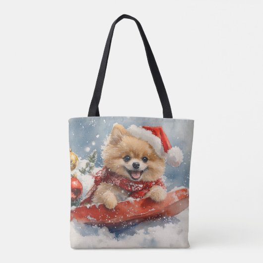 Pommerse Hond in Sledge Laat het Sneeuw Kerstmis Tote Bag (Achterkant)