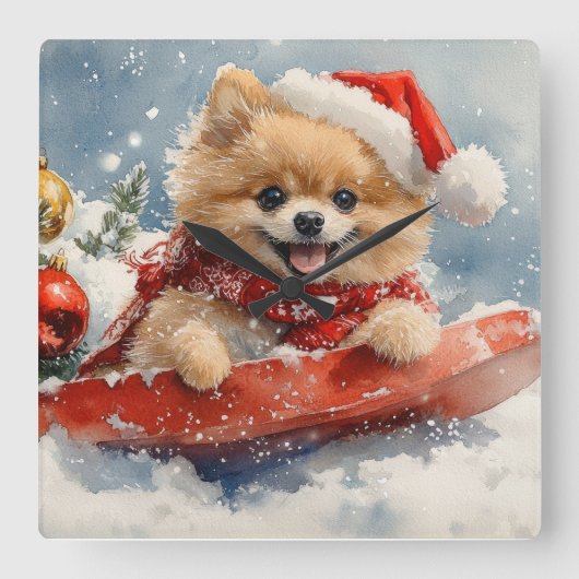 Pommerse Hond in Sledge Laat het Sneeuw Kerstmis Vierkante Klok (Voorkant)