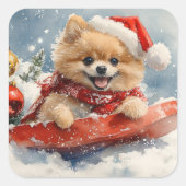Pommerse Hond in Sledge Laat het Sneeuw Kerstmis Vierkante Sticker (Voorkant)