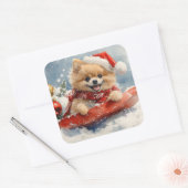 Pommerse Hond in Sledge Laat het Sneeuw Kerstmis Vierkante Sticker (Envelop)