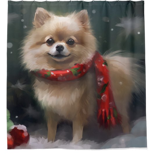 Pommerse Hond in Sneeuw Kerstmis Douchegordijn (Voorkant)