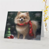 Pommerse Hond in Sneeuw Kerstmis Kaart (Gele Bloem)