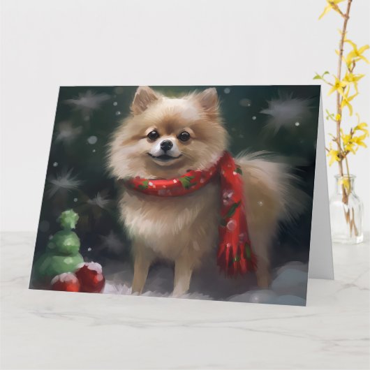 Pommerse Hond in Sneeuw Kerstmis Kaart (Gele Bloem)