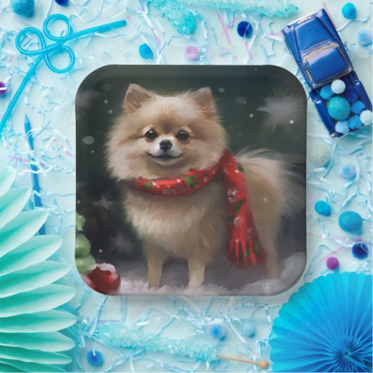 Pommerse Hond in Sneeuw Kerstmis Papieren Bordje (Feest)