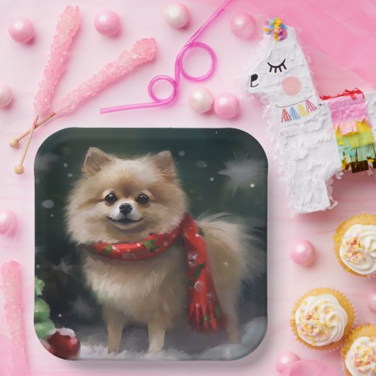 Pommerse Hond in Sneeuw Kerstmis Papieren Bordje (Feest)