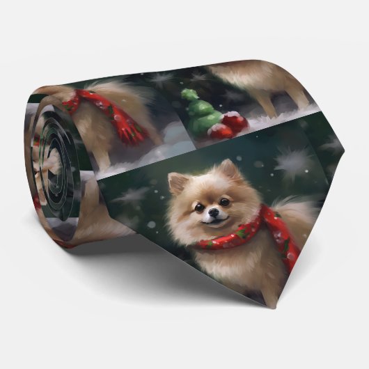 Pommerse Hond in Sneeuw Kerstmis Stropdas (Opgerold)