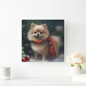 Pommerse Hond in Sneeuw Kerstmis Vierkante Klok (Huis)
