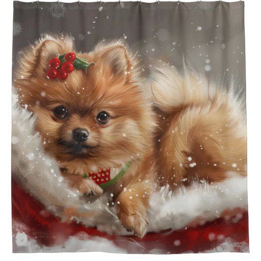 Pommerse Hond Kerstfeest Douchegordijn (Voorkant)