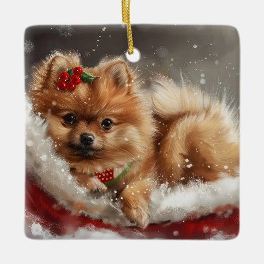 Pommerse Hond Kerstfeest Keramisch Ornament (Voorkant)