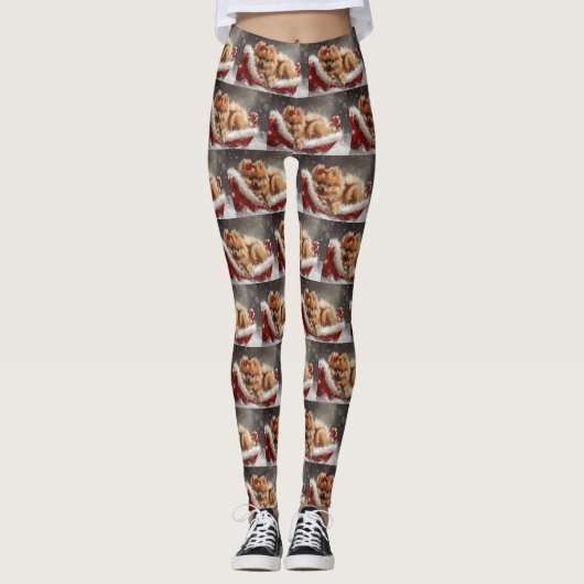 Pommerse Hond Kerstfeest Leggings (Voorkant)