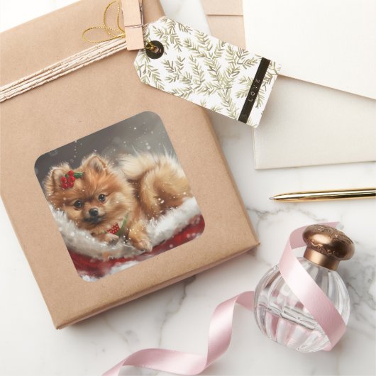 Pommerse Hond Kerstfeest Vierkante Sticker (Geschenken)