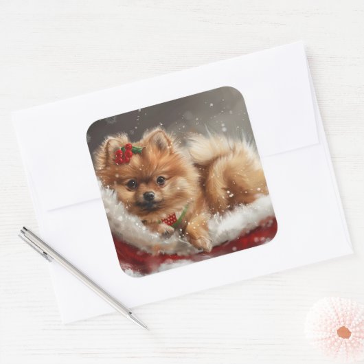 Pommerse Hond Kerstfeest Vierkante Sticker (Envelop)