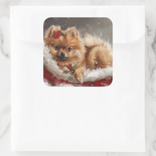 Pommerse Hond Kerstfeest Vierkante Sticker (Tas)