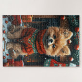 Pommerse hond met kerstcadeaus open haard legpuzzel (Horizontaal)