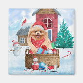 Pommerse hond op sneeuwkerstmis magneet (Voorkant)