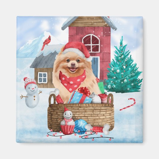 Pommerse hond op sneeuwkerstmis magneet (Voorkant)