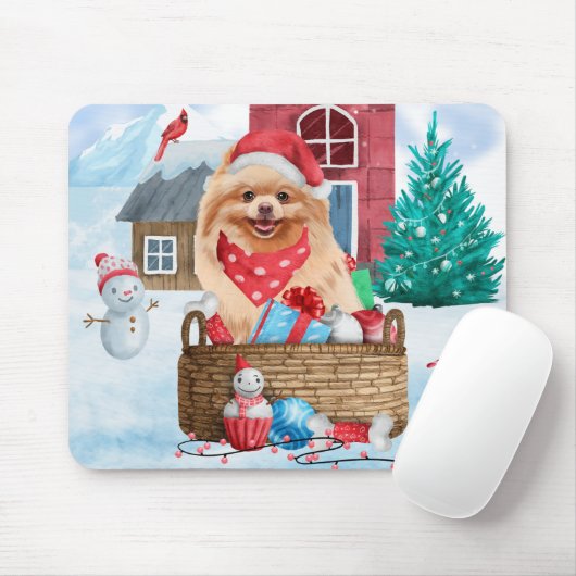 Pommerse hond op sneeuwkerstmis muismat (Met muis)