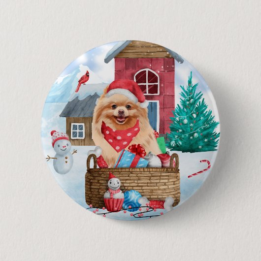 Pommerse hond op sneeuwkerstmis ronde button 5,7 cm (Voorkant)