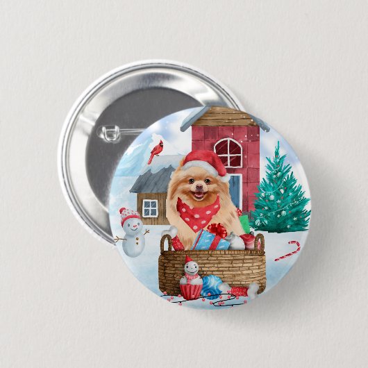 Pommerse hond op sneeuwkerstmis ronde button 5,7 cm (Voorkant /achterkant)