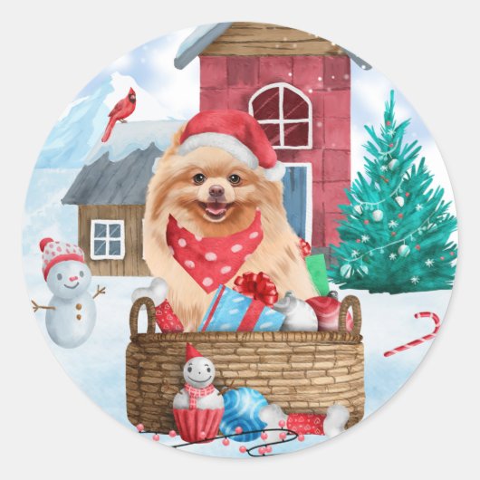 Pommerse hond op sneeuwkerstmis ronde sticker (Voorkant)