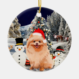 Pommerse hond op sneeuwSanta Hat-hoogten Keramisch Ornament
