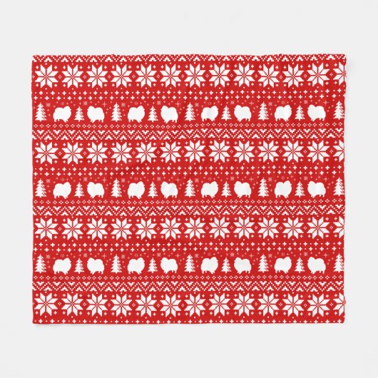 Pommerse Hond Silhouetten Kerstpatroon Rood Fleece Deken (Voorkant (Horizontaal))