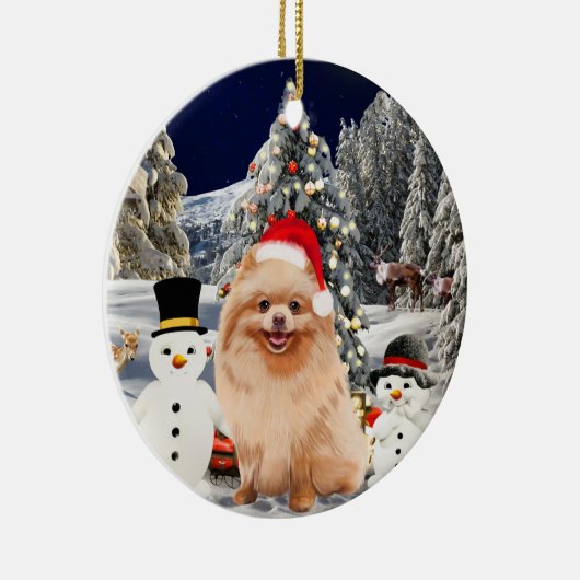 Pommerse Hond Zittend In Sneeuw Santa Hoed Lichten Keramisch Ornament (Rechts)