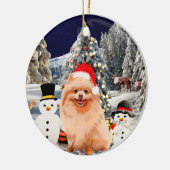 Pommerse Hond Zittend In Sneeuw Santa Hoed Lichten Keramisch Ornament (Links)