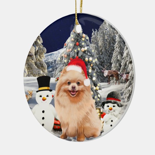 Pommerse Hond Zittend In Sneeuw Santa Hoed Lichten Keramisch Ornament (Links)