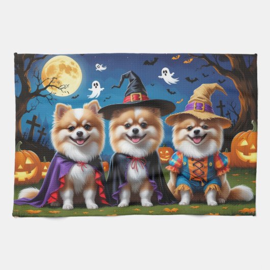 Pommerse Honden Pompoen Halloween Grappig Theedoek (Horizontaal)