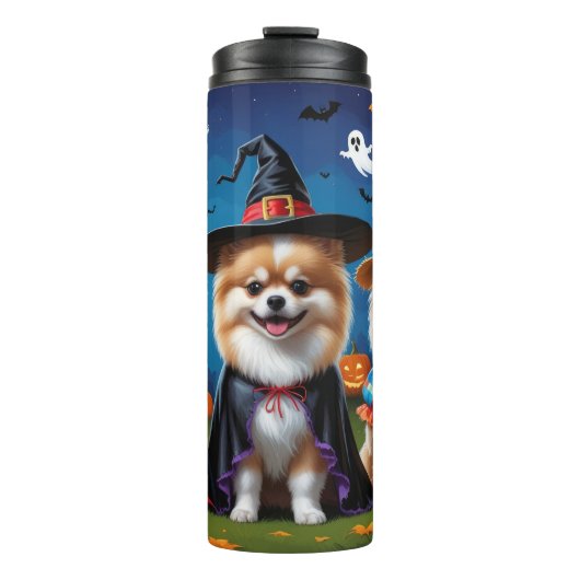Pommerse Honden Pompoen Halloween Grappig Thermosbeker (Voorkant)