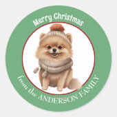 Pommerse Hondenwintersjaal en Pet Kerst Ronde Sticker (Voorkant)