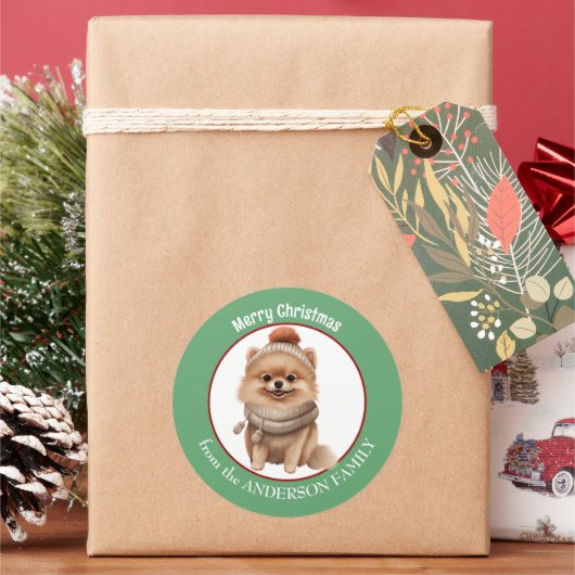 Pommerse Hondenwintersjaal en Pet Kerst Ronde Sticker (Feestdagen)