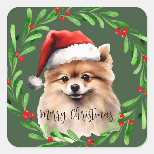 Pommerse Kerst Waterverf Dog Mailing Vierkante Sticker (Voorkant)