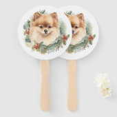 Pommerse Kerstkrans Feestelijke Pup Handwaaier (Voorkant en achterkant)