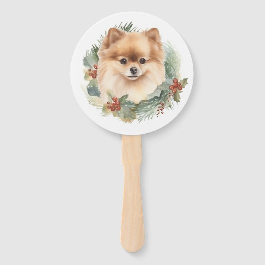 Pommerse Kerstkrans Feestelijke Pup Handwaaier (Voorkant)