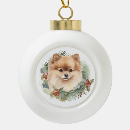 Pommerse Kerstkrans Feestelijke Pup Keramische Bal Ornament (Voorkant)