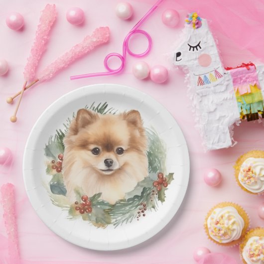 Pommerse Kerstkrans Feestelijke Pup Papieren Bordje (Feest)