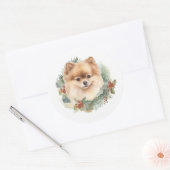 Pommerse Kerstkrans Feestelijke Pup Ronde Sticker (Envelop)