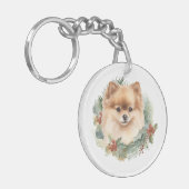 Pommerse Kerstkrans Feestelijke Pup Sleutelhanger (Voorkant Links)