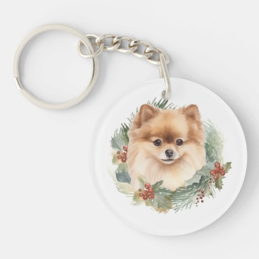 Pommerse Kerstkrans Feestelijke Pup Sleutelhanger (Voorkant)