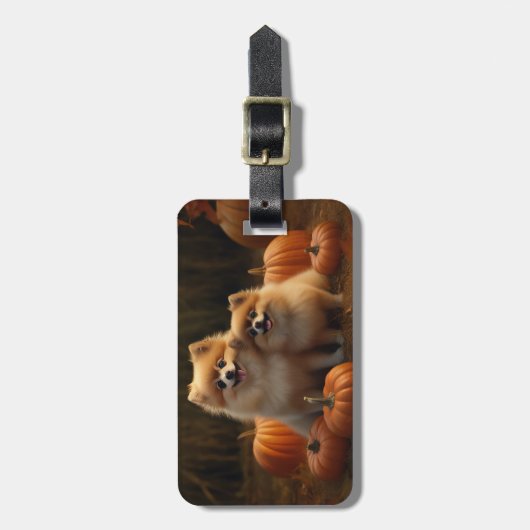 Pommerse Puppy Herfst Verrukking Pompoen Bagagelabel (Voorkant verticaal)