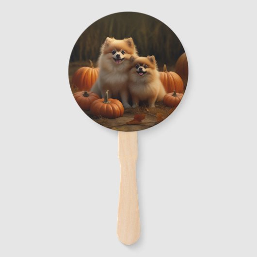Pommerse Puppy Herfst Verrukking Pompoen Handwaaier (Voorkant)