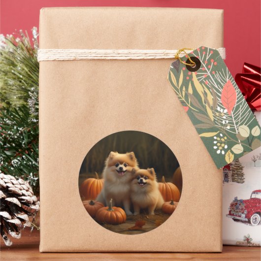 Pommerse Puppy Herfst Verrukking Pompoen Ronde Sticker (Feestdagen)