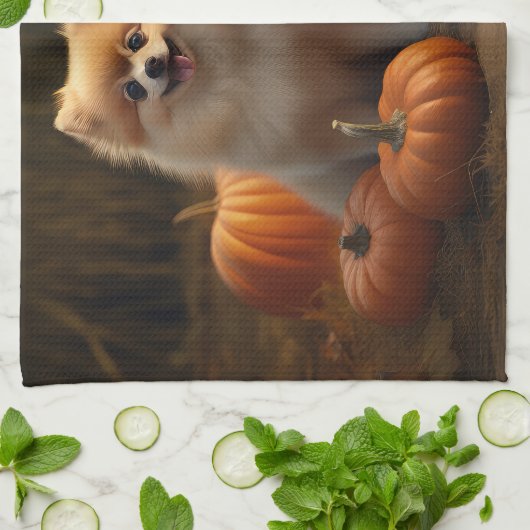 Pommerse Puppy Herfst Verrukking Pompoen Theedoek (Gevouwen)