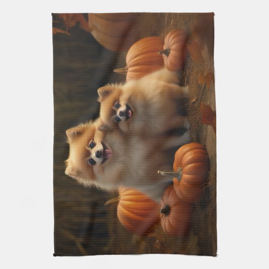 Pommerse Puppy Herfst Verrukking Pompoen Theedoek (Verticaal)