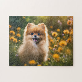 Pommerse Puppy in Bloemenveld Legpuzzel